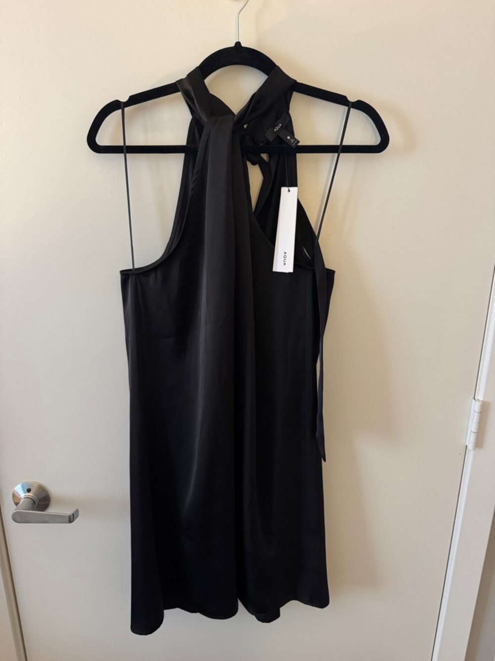 Aqua Black Satin Tie-Neck Dress